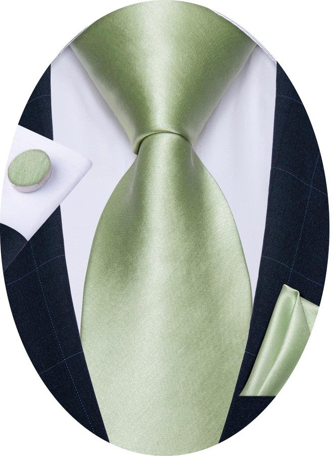 DiBanGu Light Green Tie for Men Satin Green Necktie and Pocket Square Cufflinks Sets Wedding Party - Image 1